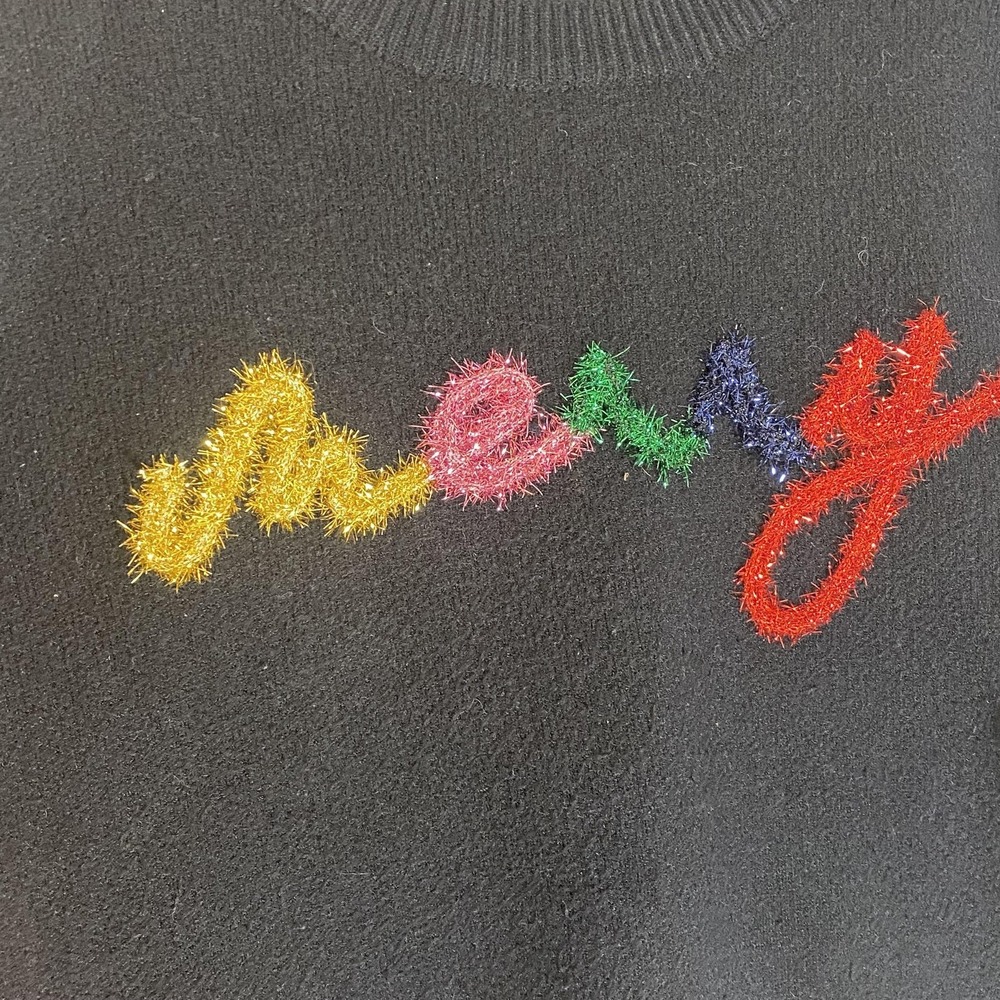 Maintstrip Sweater Womens 1XL Black Merry Christmas Ugly Shiney Pullover Garland - Picture 7 of 15